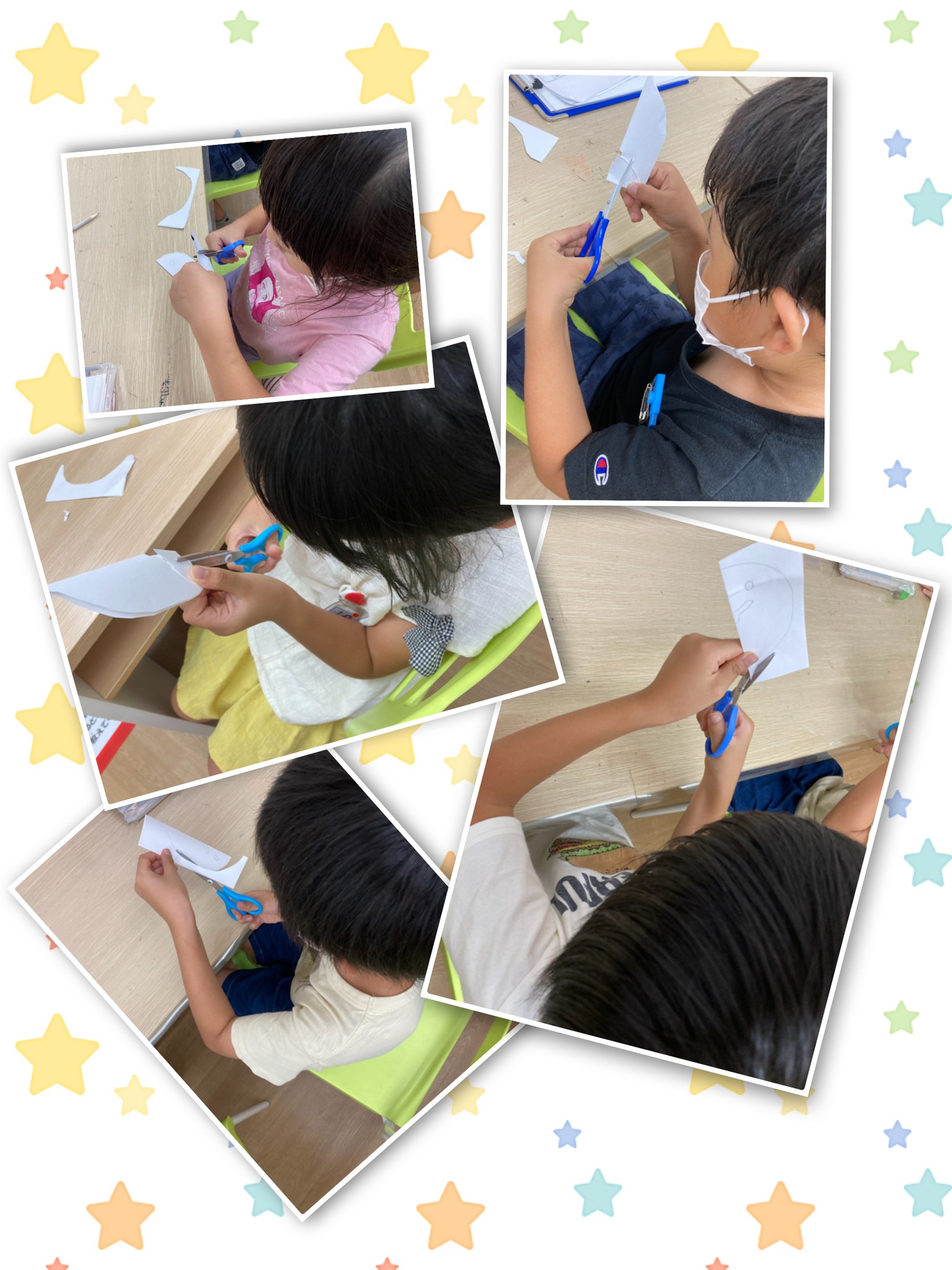 ☆活動☆
「なんのかたち？」

今日は折り紙の線の上をハサミで切り、広げると何の形になるかな？とハロウィンにちなんだものを準備しました！
切りながら「あ！コウモリ！ハロウィンだ🎃」とテンションが上がる子も✨
細かいところは難しく苦戦する子も多かったですが、一人一人集中して頑張っていました。

今月末にはハロウィンパーティも準備しているので、それに向けてお部屋の装飾をハロウィン仕様にしていきたいと思います👻