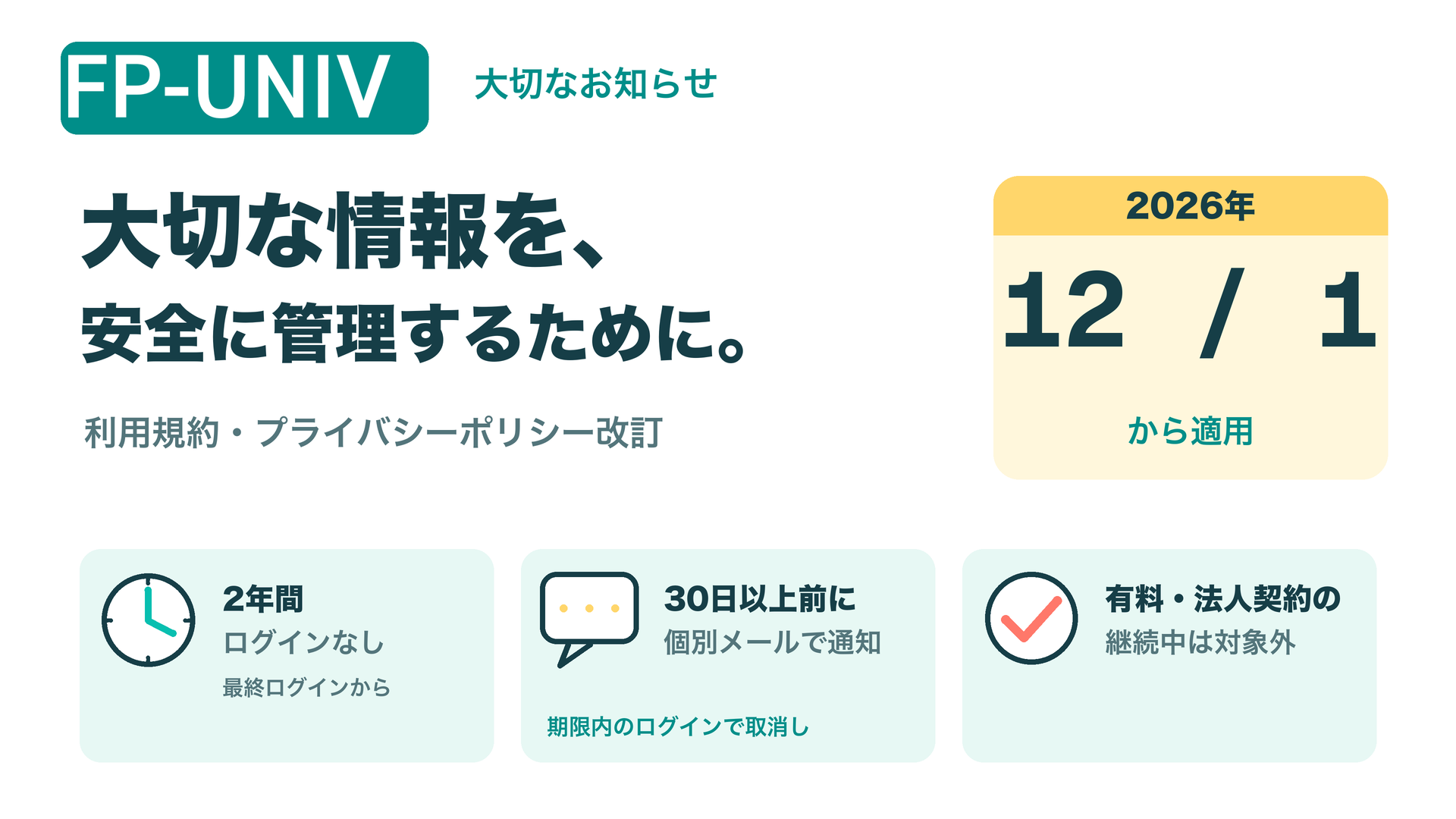 利用規約・プライバシーポリシー改訂のお知らせ。2026年12月1日から長期未利用アカウントの取扱いを変更。2年間ログインなし、30日以上前に個別通知、有料・法人契約の継続中は対象外。