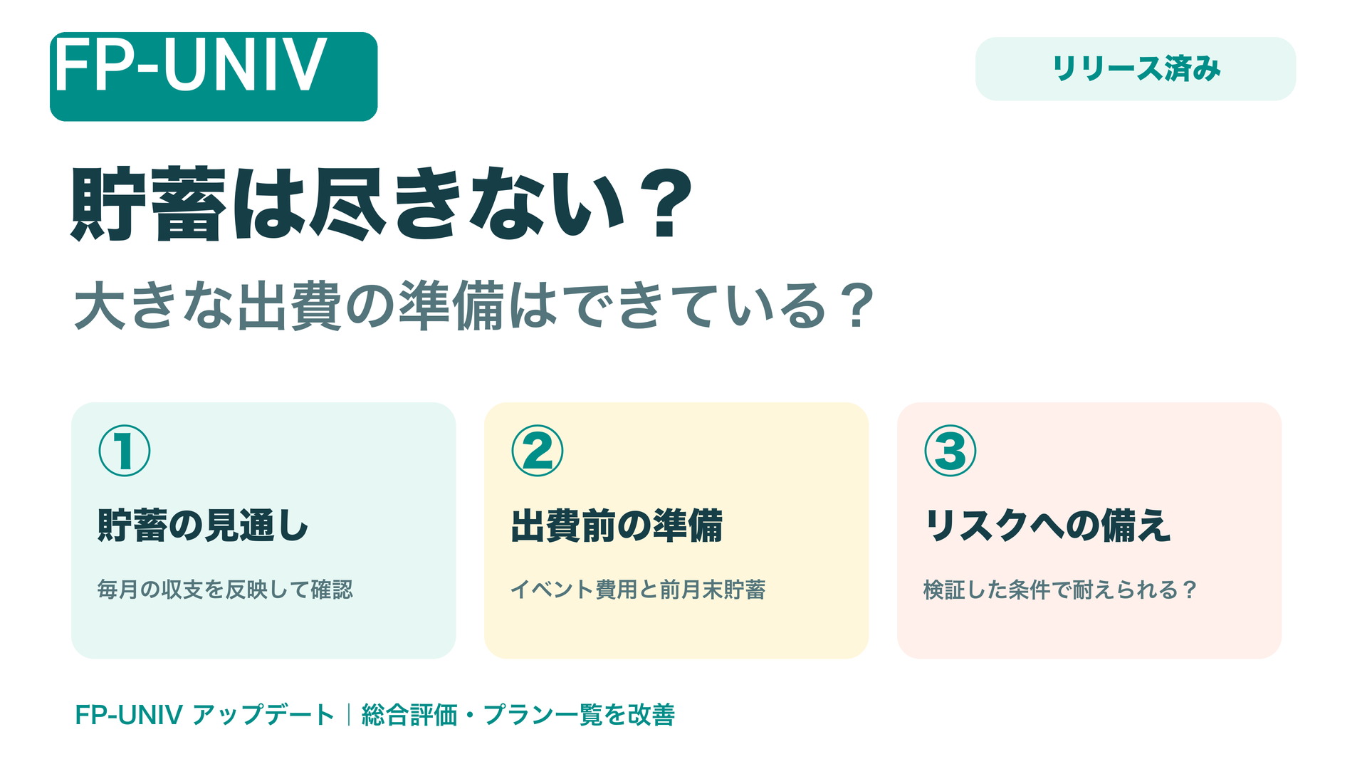 貯蓄は尽きない？ 大きな出費の準備はできている？ 総合評価・プラン一覧を改善