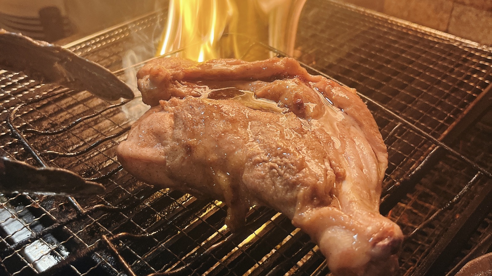 炭火の網の上で焼かれている肉