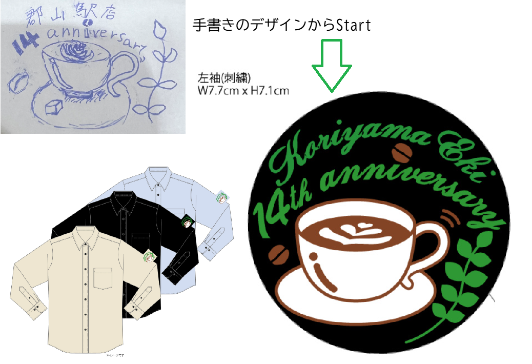 スターバックスコーヒージャパン様 周年記念シャツ袖刺繍 手書きデザインから